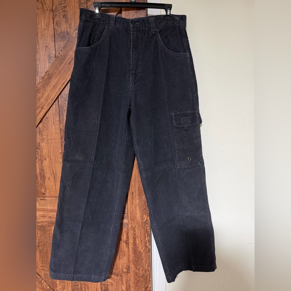 Vintage Men OTB Corduroy Carpenter Wide Leg Skater Pants Dark Gray Y2K 34x30
